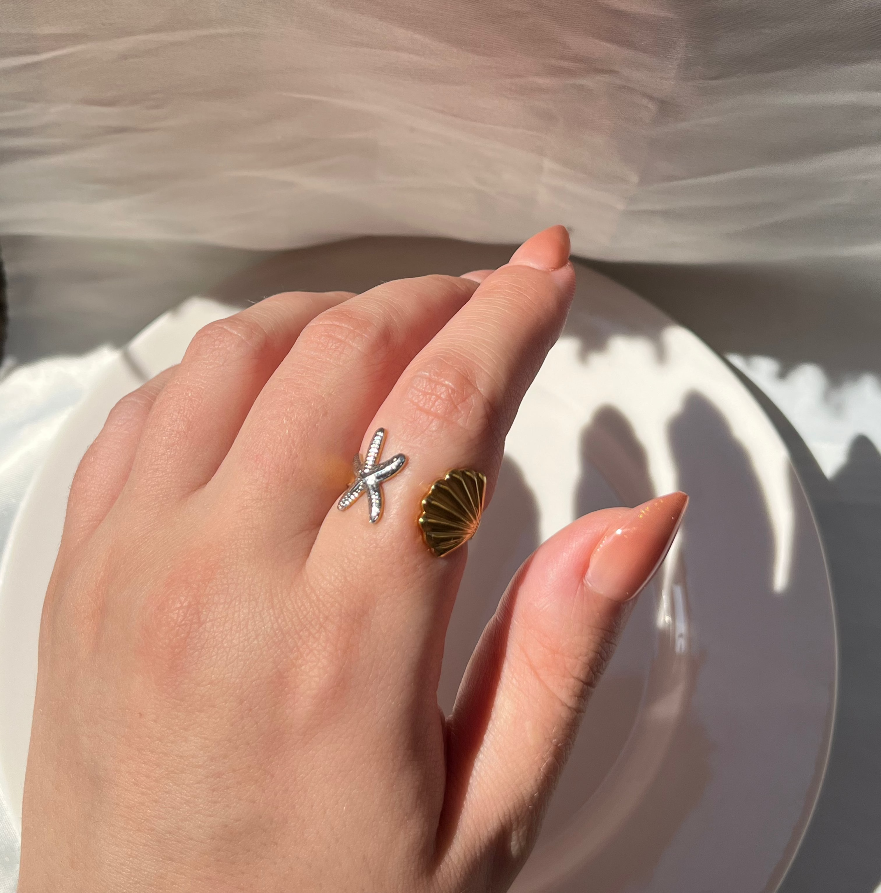 Gold Sea Star & Lotus Ring – Stainless Steel